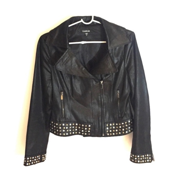 bebe Jackets & Blazers - Bebe Black Leather Style Moto Jeweled Jacket